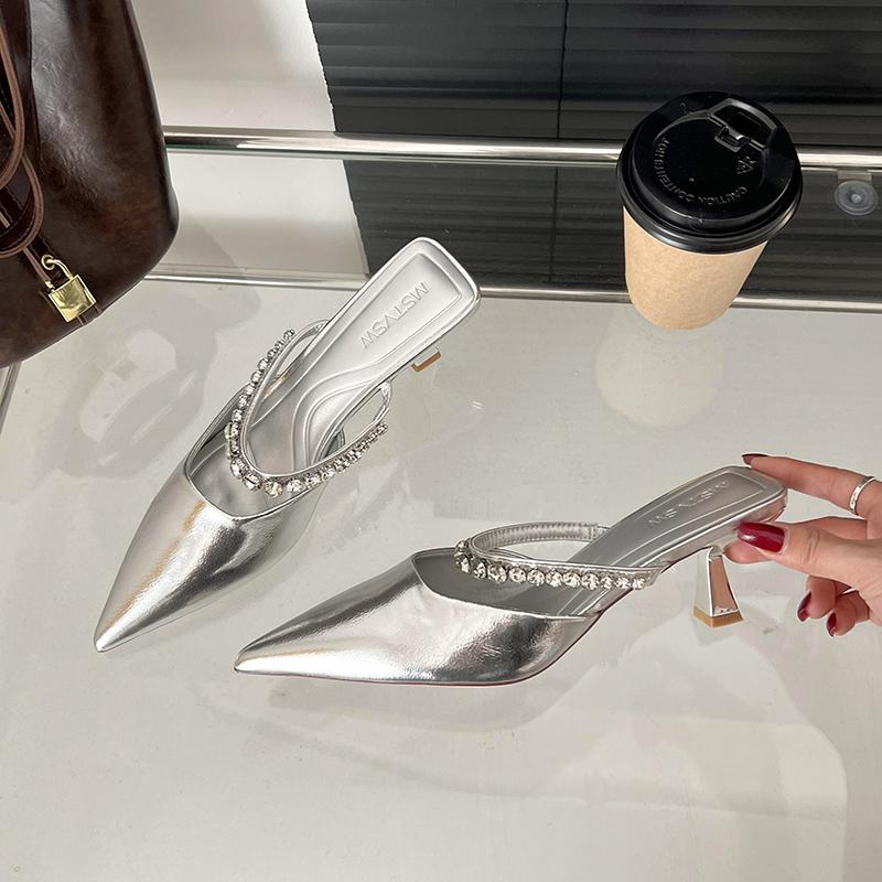 

Fashion New Style Fashion High Heel Sandals Pointed Toe Stiletto Black Sexy Ladies Sandals Rhinestone Sequins Big Size Slippers 42 серебряный