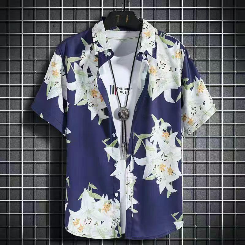 Set Coordinato da Uomo Casual a Maniche Corte Floreale Hawaiano ad Asciugatura Rapida e Pantaloncini da Spiaggia