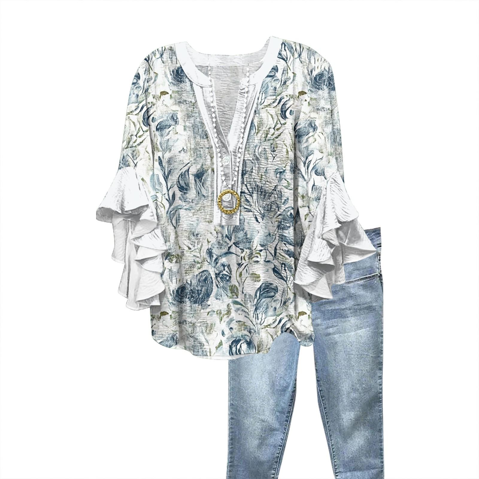 

Summer Tops For Women Cute V Neck 3/4 Sleeve Blouses Print Top Casual Shirts L