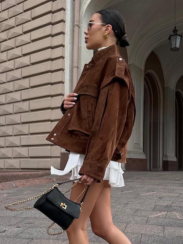 2025 Autumn/Winter Women's Trendy Wide Shoulder Suede Pocket Jacket
