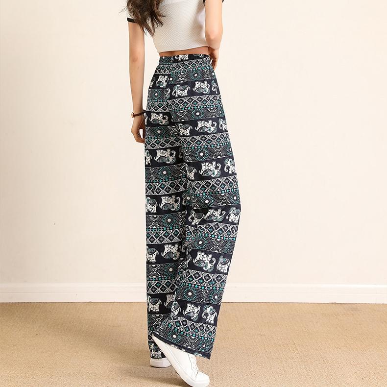 Women's Wide Leg Pants Elastic High Waist Drawstring Elephant Print Pants