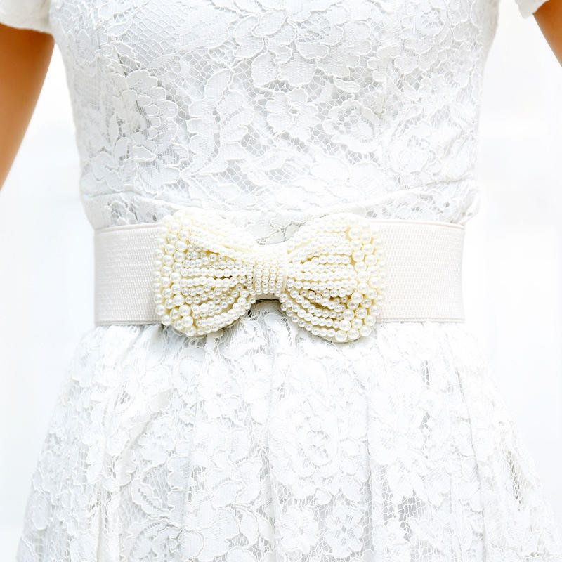 Women Pearl Bow Belt Elegant Wide Elastic Waist Cincher Fashion Accessory Dress Sash Wedding Party Waistband Stylish Adjustable All-Match Solid Color