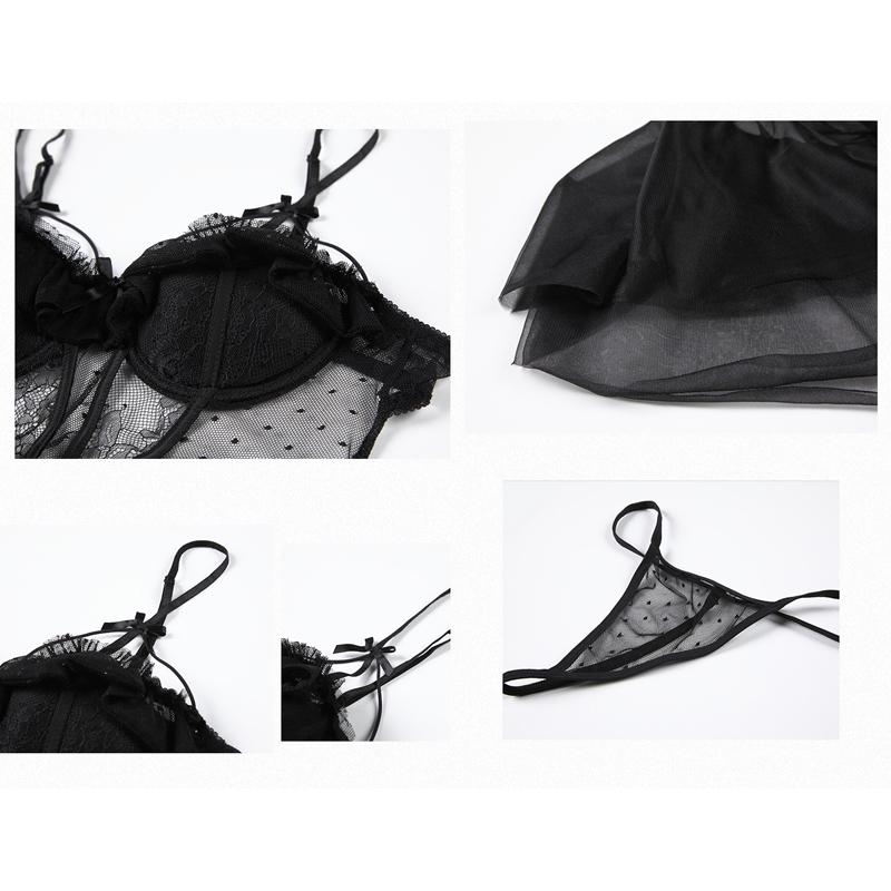 Sexy Lingerie Women's Mesh Lace Solid Color Pajamas Suspenders with Padded Sexy Skirt Underwear