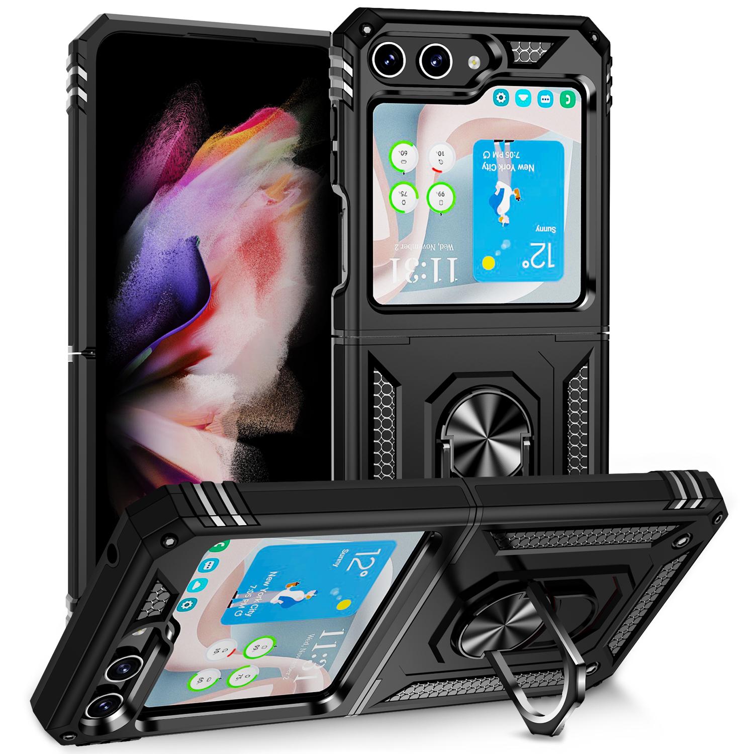 

TPU+PC Phone Case for Samsung Galaxy Z Flip5 5G Ring Kickstand Anti-fall Cover with Car Mount Metal Sheet Black
