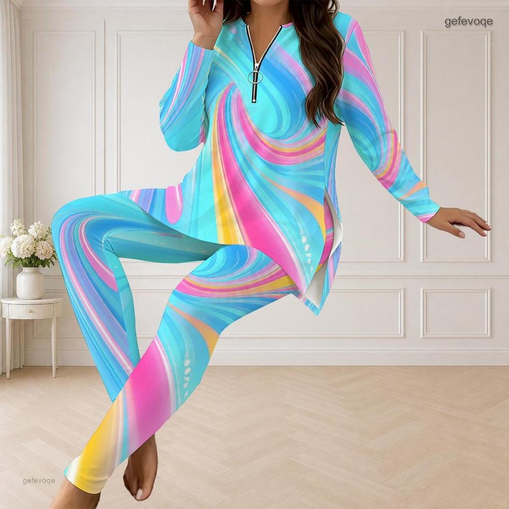 Women Plus Size Printed Two Piece Set Half Zip Long Sleeve Longline Top Fitted Pants