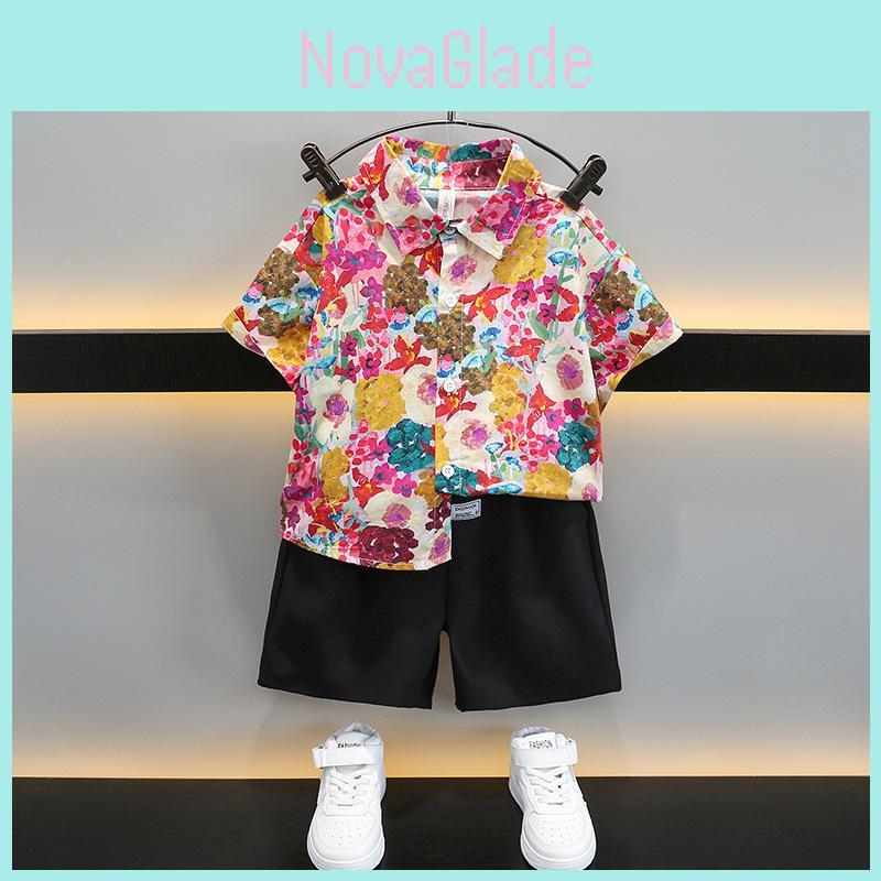 Stylish Boys Summer Short Sleeve Shirt Set For Kids With Floral Design And Soft Fabric