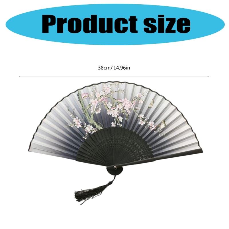 Floral Handheld Folding Fan Hand Held Silk Bamboo Fans with Tassels Hollowed Hand Foldable Fan for Dancing Wedding Decor