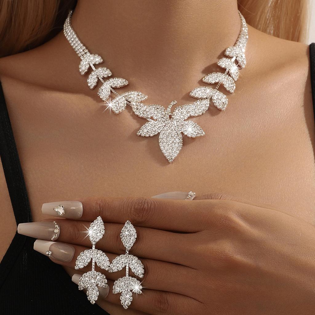 European and American Fashion Personalized Full Diamond Leaf Necklace Earrings Bridal Wedding Accessories