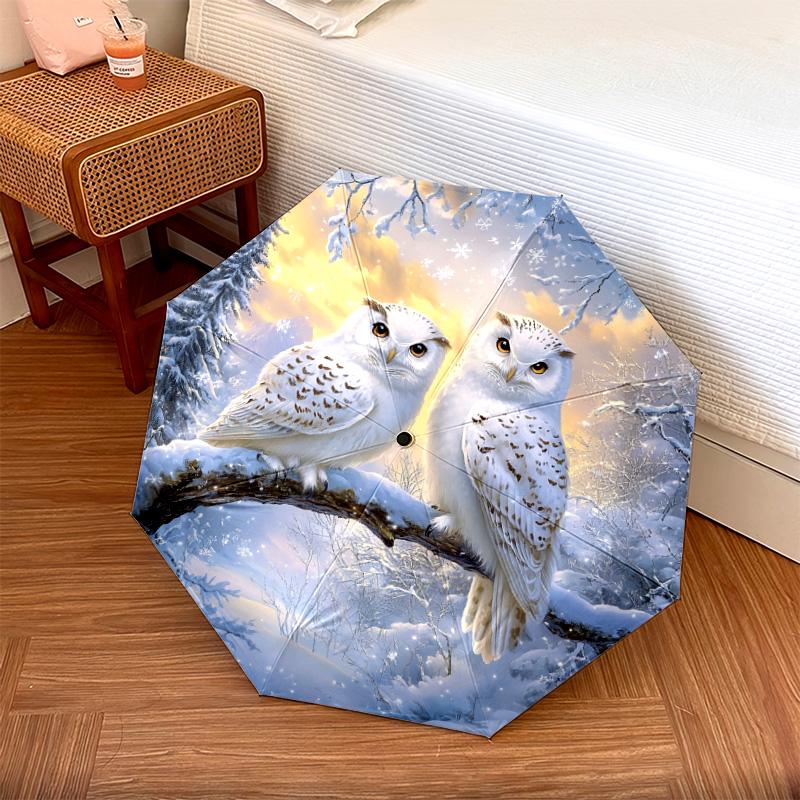 1 PC Automatic Folding Umbrella - Winter Snowy Owls Pattern, Portable & Foldable Design with 8 Ribs, Christmas Birthday Gifts