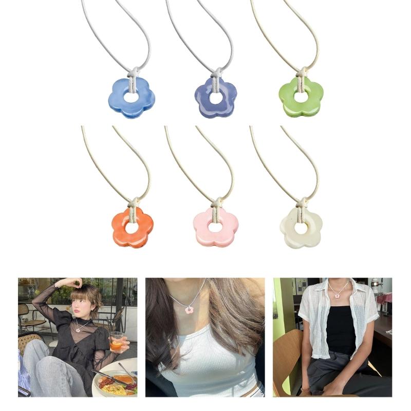 Acrylic Flower Pendant Charm Necklace Wax Line Clavicle Chain Sweet Fashion Choker Neckchain Jewelry Gift for Women Girl