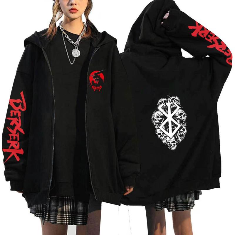 Berserk Anime Hooded Zip-Up Sweatshirt Men Oversized Fleece-Lined Pullover With Drawstring Cap Side Pockets