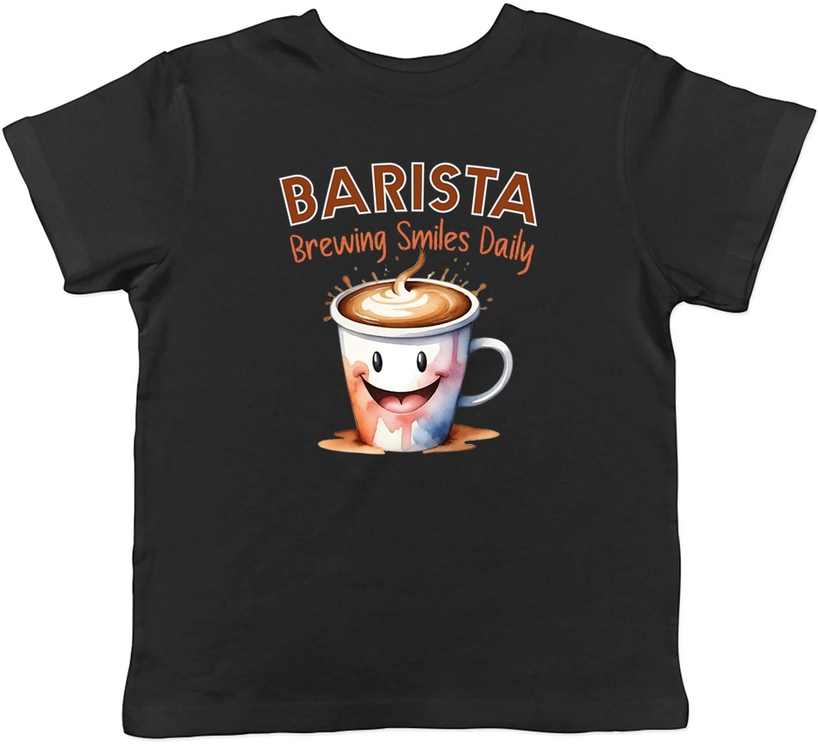 Barista Brewing Smiles Daily Serving Coffee Kids T-Shirt Boys Girls Gift 100