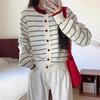 Cross-border New Striped Crew Neck Color-blocking Design Loose Long-sleeve Knit Jacket for Women, Simple Buttoned Sweater Jacket