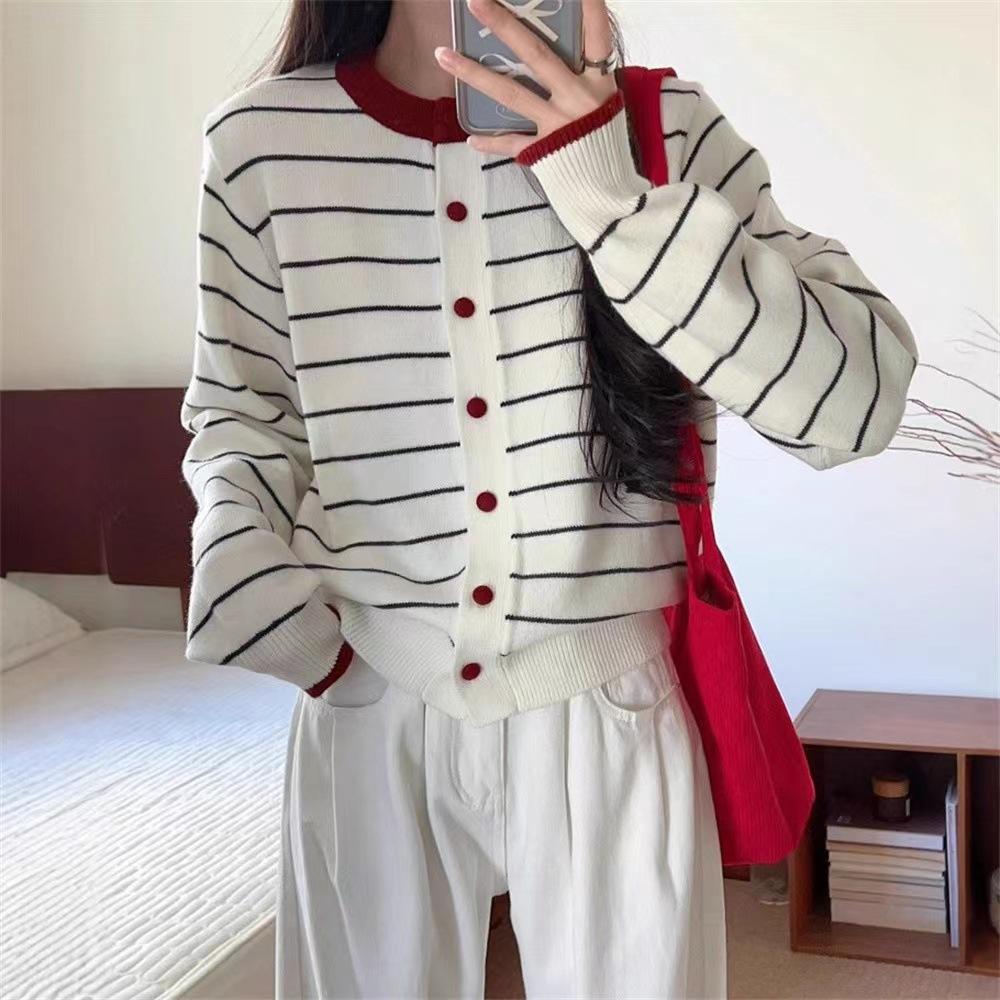 Cross-border New Striped Crew Neck Color-blocking Design Loose Long-sleeve Knit Jacket for Women, Simple Buttoned Sweater Jacket
