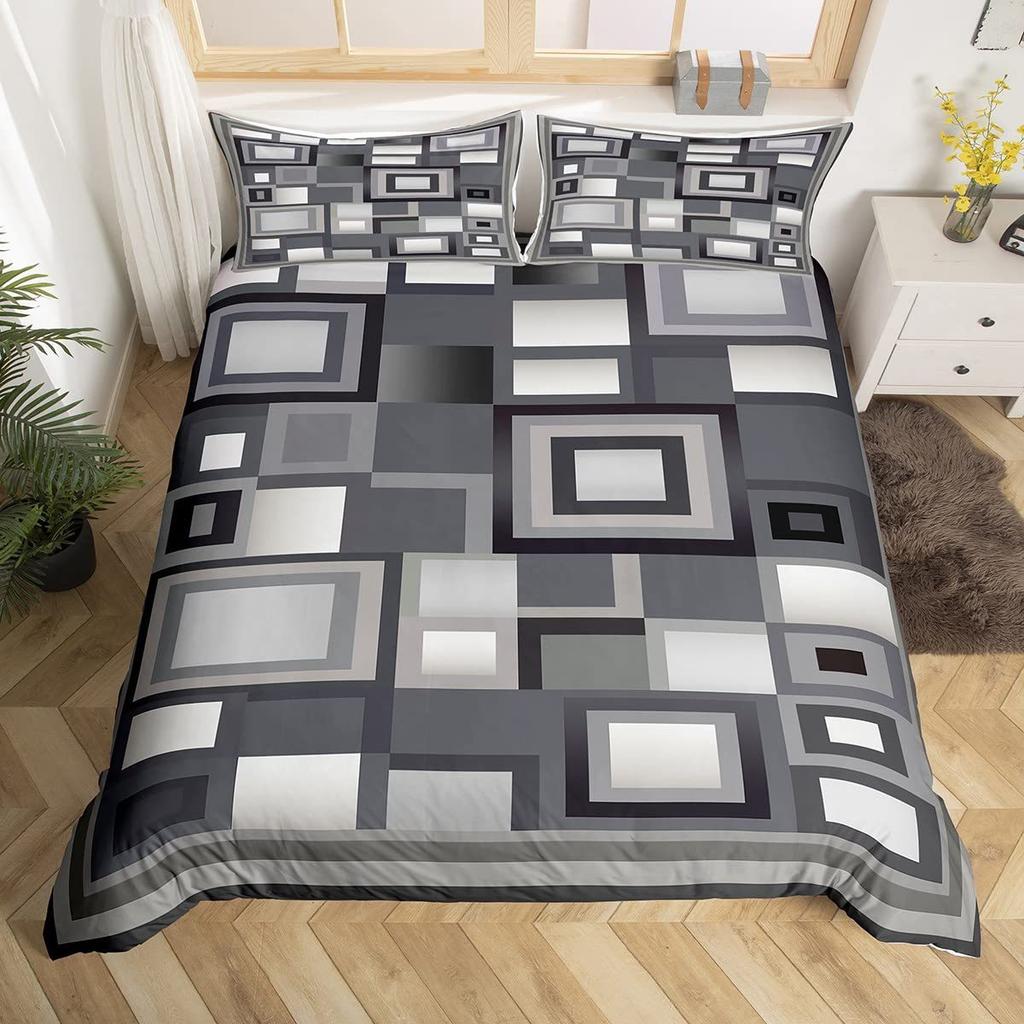 Grid Square Three-Piece Quilt Cover 3D Digital Printing Bedding Set Bed Cover