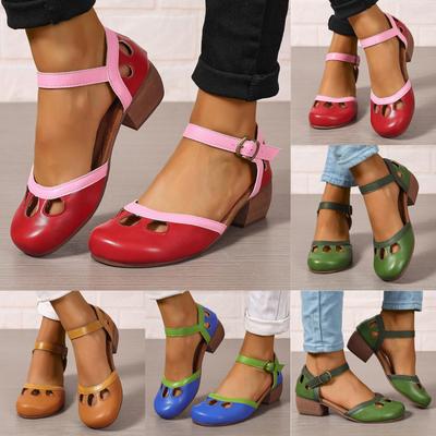 Women Vintage Chunky High Heel Mary Shoes Round Closed Toe Strap Buckle Dress Sandals Mary Pumps