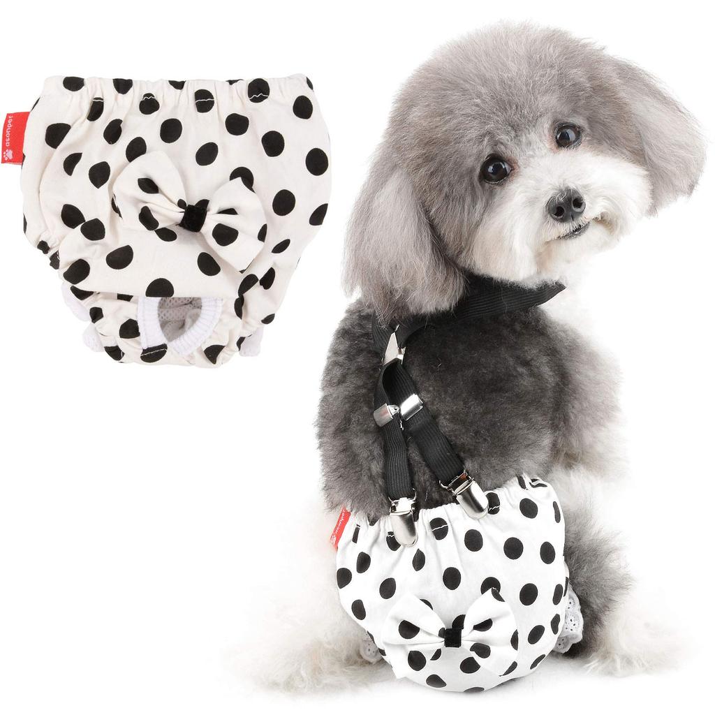 ZUNEA Dog Diaper Pants for Female Small Menstrual Sanitary Pants with Cute Bow Polka Dot Menstrual Manners Pet Dog Size S Dogs, Breed, Period,