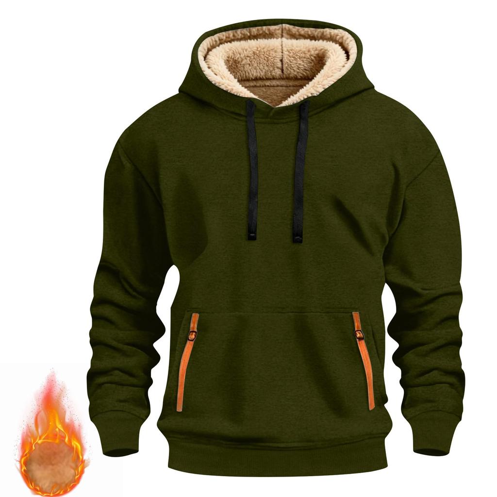 Fashionable Men's Solid-Color Fleece-Lined Thickened Long-Sleeve Hoodie With Pockets