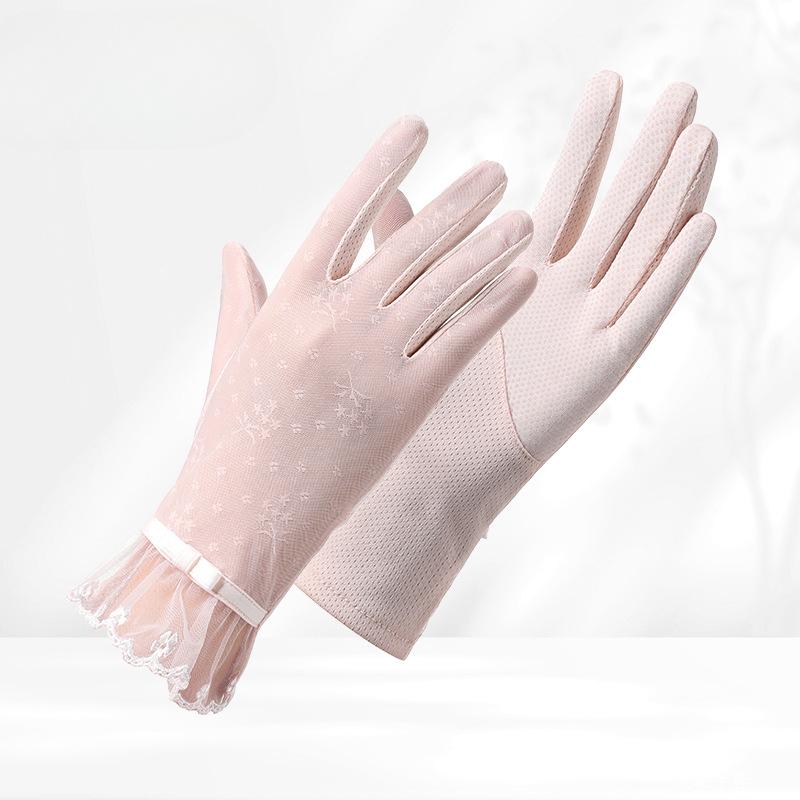Sunscreen Gloves for Summer Women's Lace Thin UV Proof Outdoor Riding and Driving Non Slip Breathable Ice Silk Touch Screen