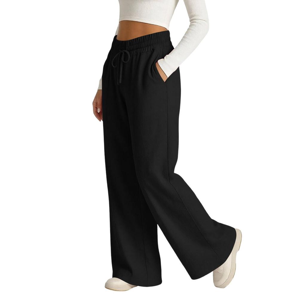 Women's Casual -Color High-Waisted Wide-Leg Drawstring Pants With Pockets