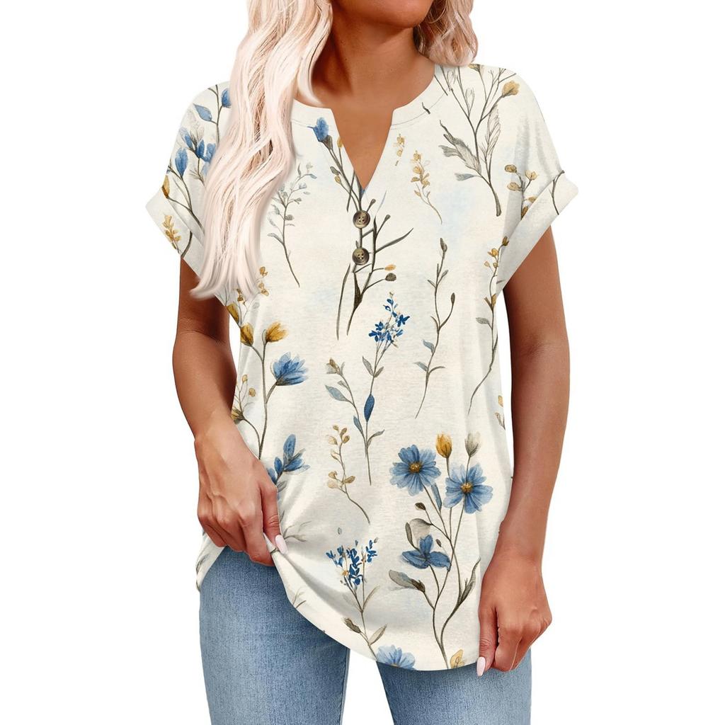 Top Pulôver Feminino Casual da Moda de Manga Curta com Decote em V, Botões e Estampa