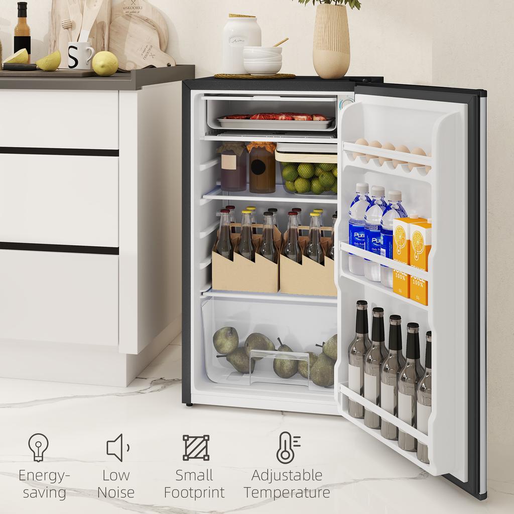 Under Counter Fridge, 91L Small Fridge with Chiller Box, Removable Shelf, Reversible Door, Adjustable Legs, Mini Refrigerator, Silver Tone