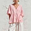Women S Solid V Neck Loose Fit Petal Sleeve T Shirt