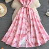 Gentle Pink Green and Yellow Embroidered Print Drop-Shoulder Shirt Dress for Women Summer Button-Down Belt Slim Midi Dress