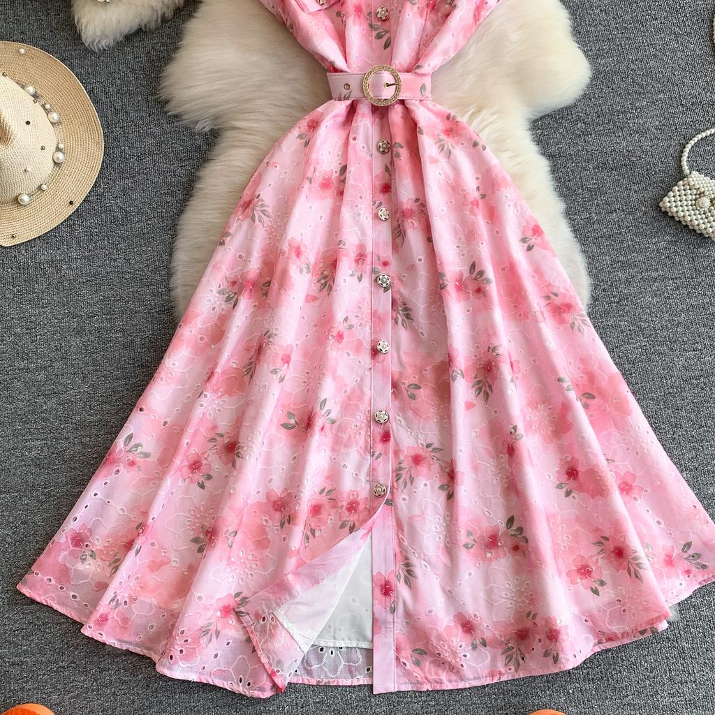 Gentle Pink Green and Yellow Embroidered Print Drop-Shoulder Shirt Dress for Women Summer Button-Down Belt Slim Midi Dress