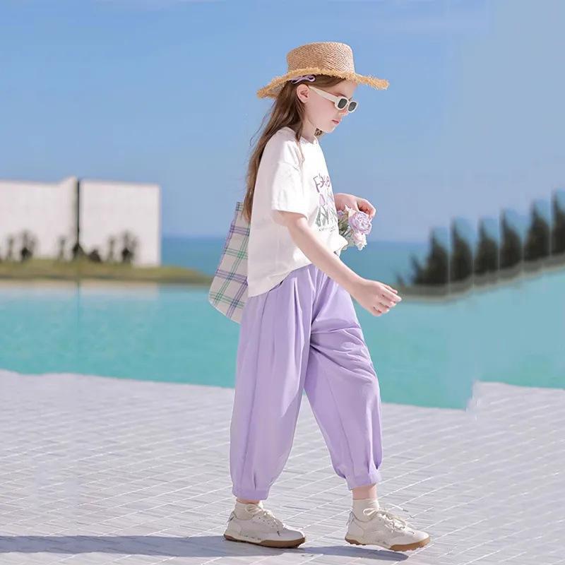 Summer Girls Clothes Child Set Sports Suit Teen Tracksuit Letter Flower Loose T Shirt + Ankle Tied Pants 4 6 8 10 12 Year