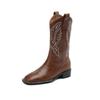 Retro square head embroidery thick heel western boots low heel medium boots autumn and winter new women's boots large size boots