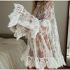 Women's See Through Lace Dress Long Sleeve Crew Neck Casual Loose Sheer Dress Vacation Beach Cocktail Mini Dresses