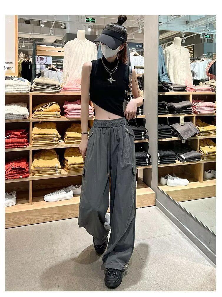 Women's White Ice Silk High-Waist Wide-Leg Cargo Pants - Summer 2025, Slimming, Quick-Dry Style