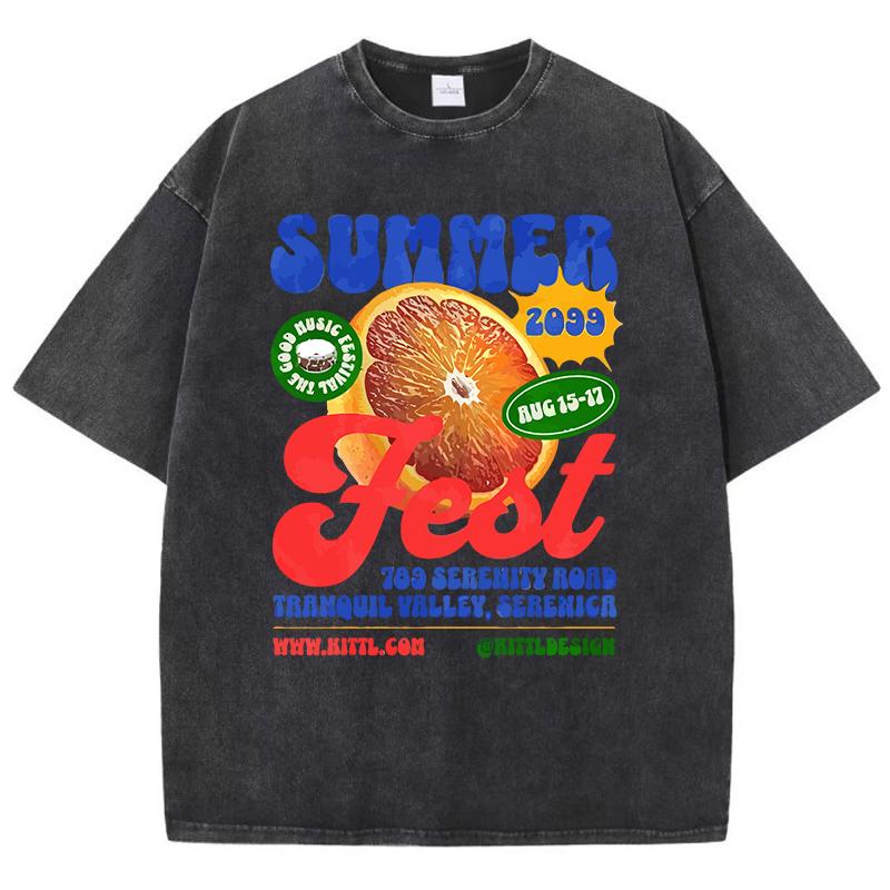 Cotton Women Washed T-Shirts Summer Fresh Orange Printed Tee Shirts Comfortable Crewneck Oversized Tops Female Clothes