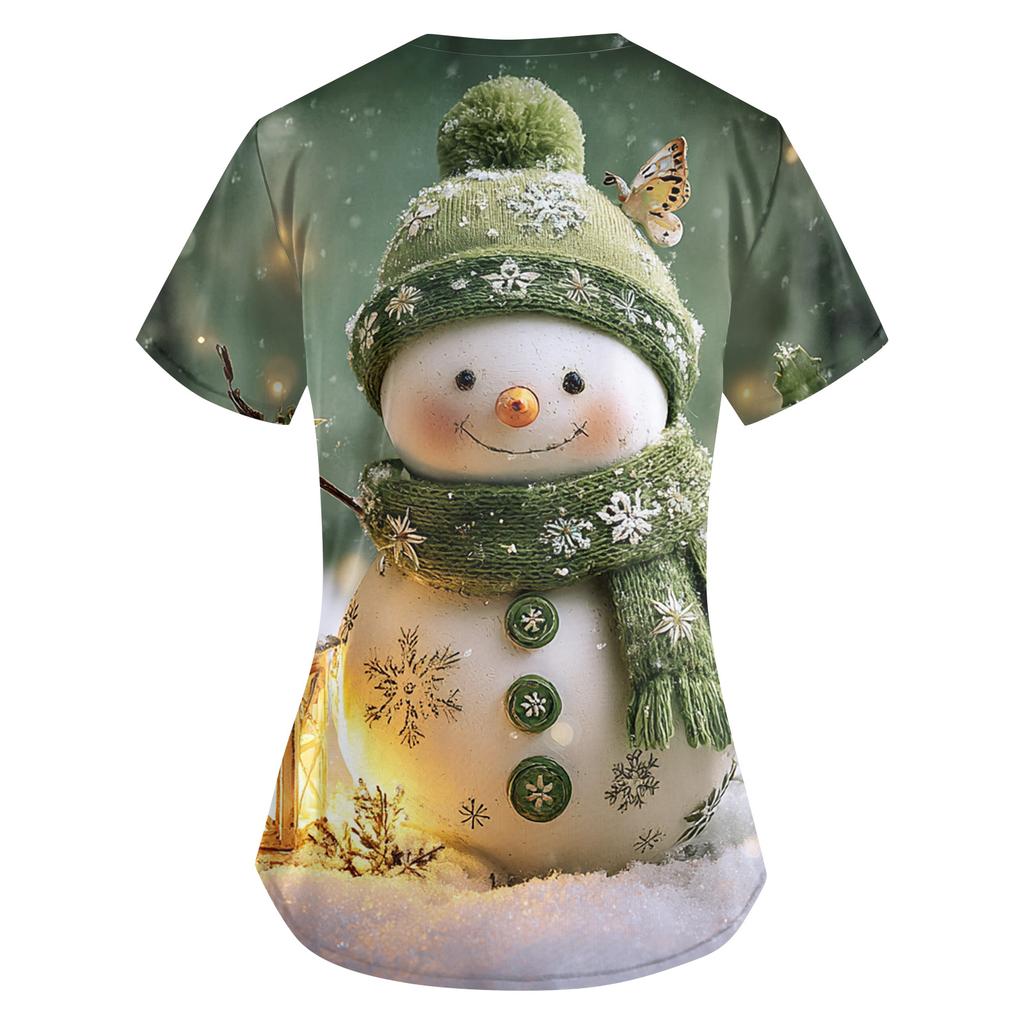 Women's Cute Printed Work Clothes V-neck Double Layer Pockets Basic Short Sleeve Top Pullover Valentines