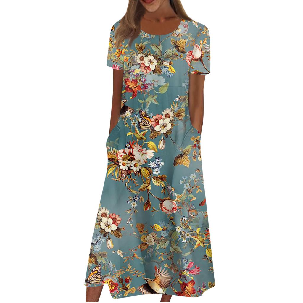 Women's Casual Dresses Printed Dresses Summer Dresses Printed Pleated Round Neck Midi Dresses Basic Classic Outdoor Daily Short Sleeve Loose Dresses