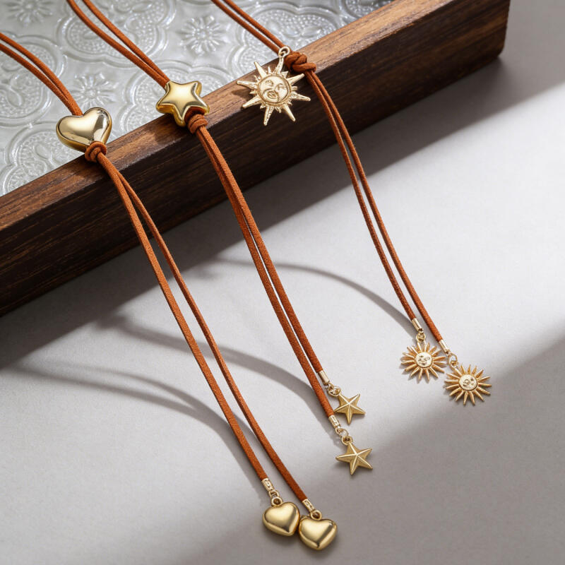 Gold Color CCB Star Sun Heart Y-Shaped Necklaces for Women Ladies Velvet Rope Tassel Long Necklaces Vacation Jewelry Accessories