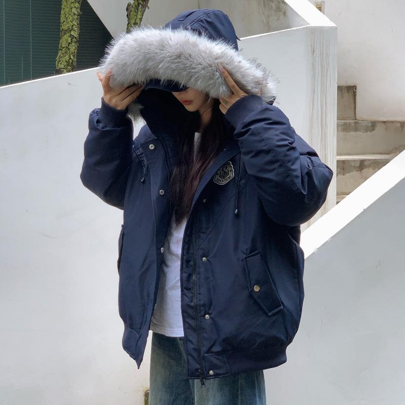 

Меховой воротник, хлопковая одежда для инструментов, женская короткая зимняя новая свободная женская белая куртка-пуховик с острым меховым воротником M тёмно-синий