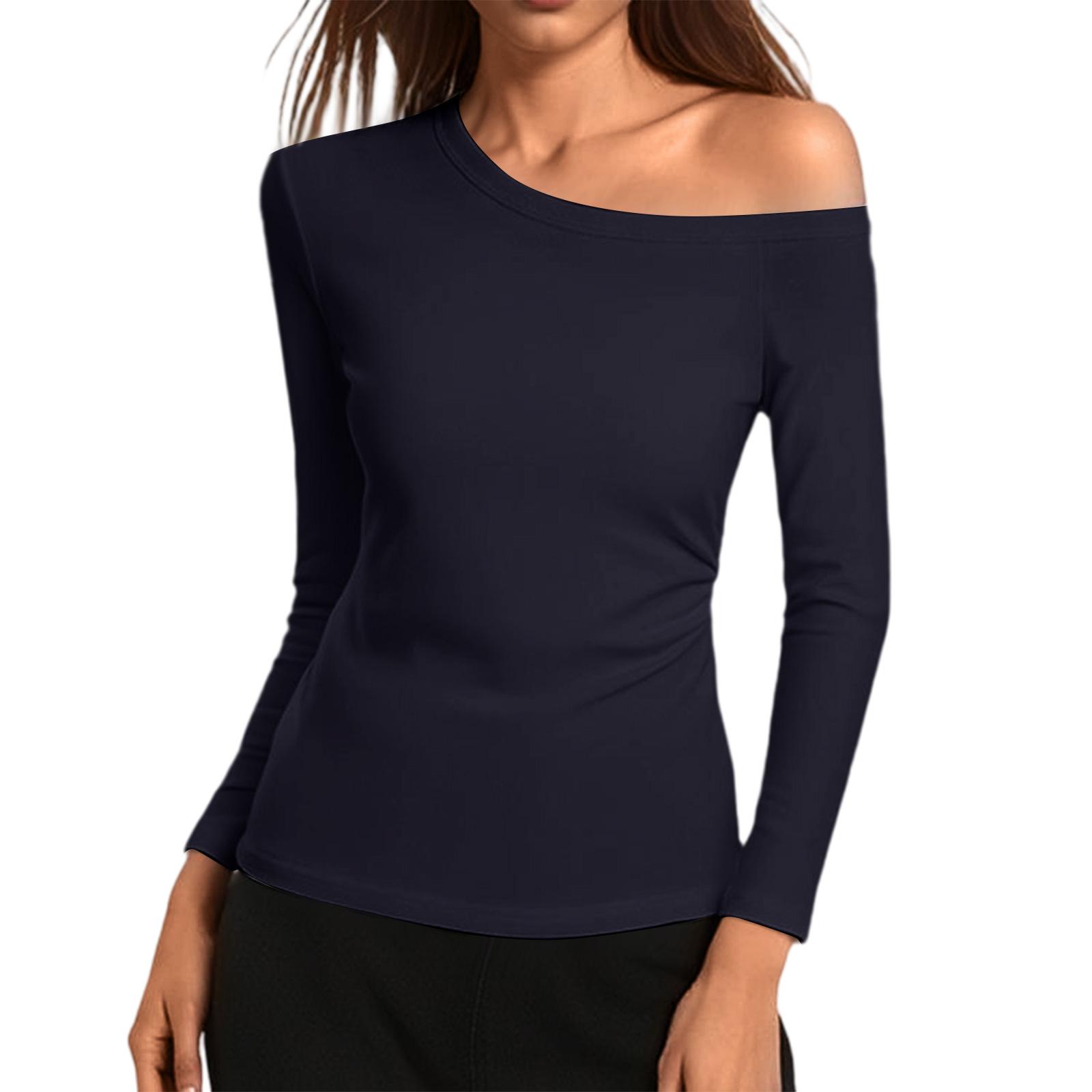 

Women s Fashionable Casual Off-Shoulder Solid Color Long-Sleeved Slim Fit T-Shirt Tops XL тёмно-синий