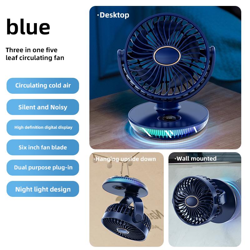 New Protable Mini Fan Rechargeable LED Digital Screen Fan Wall Mounted Fan with 8H Timing 180° Adjustable 7 Colorful Lights
