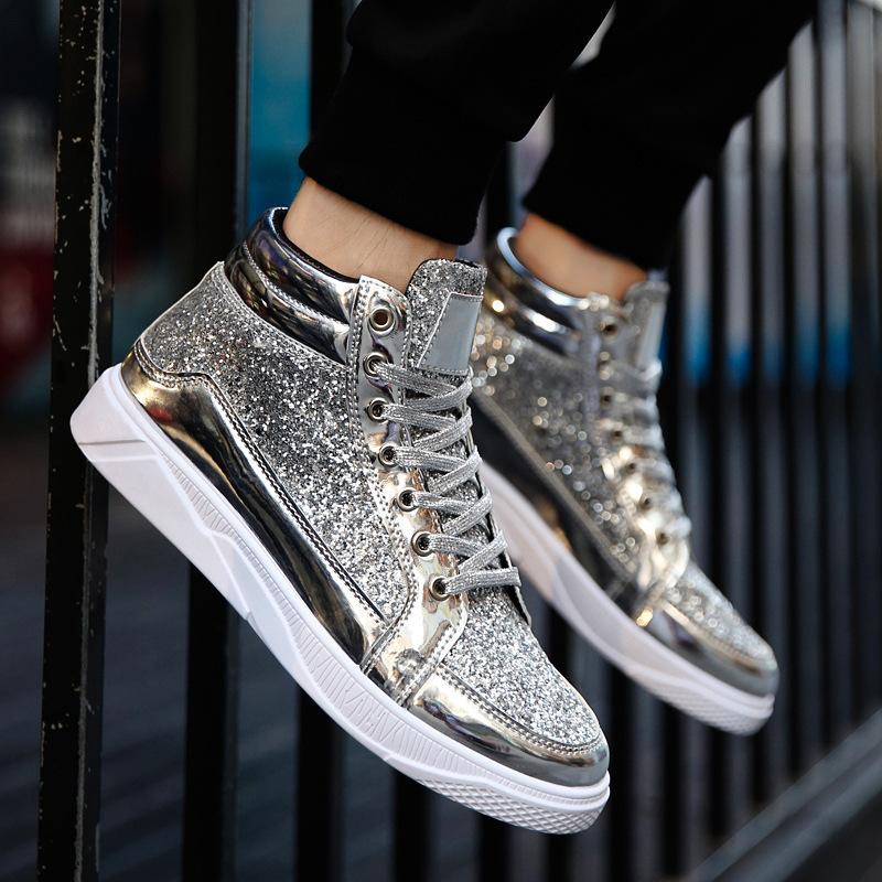 Men's Boots 2025 Spring Plus Size Leather Boots, Shiny and Personalized Men's Casual Board Shoes, High Top Stage Retro Gold Boot
