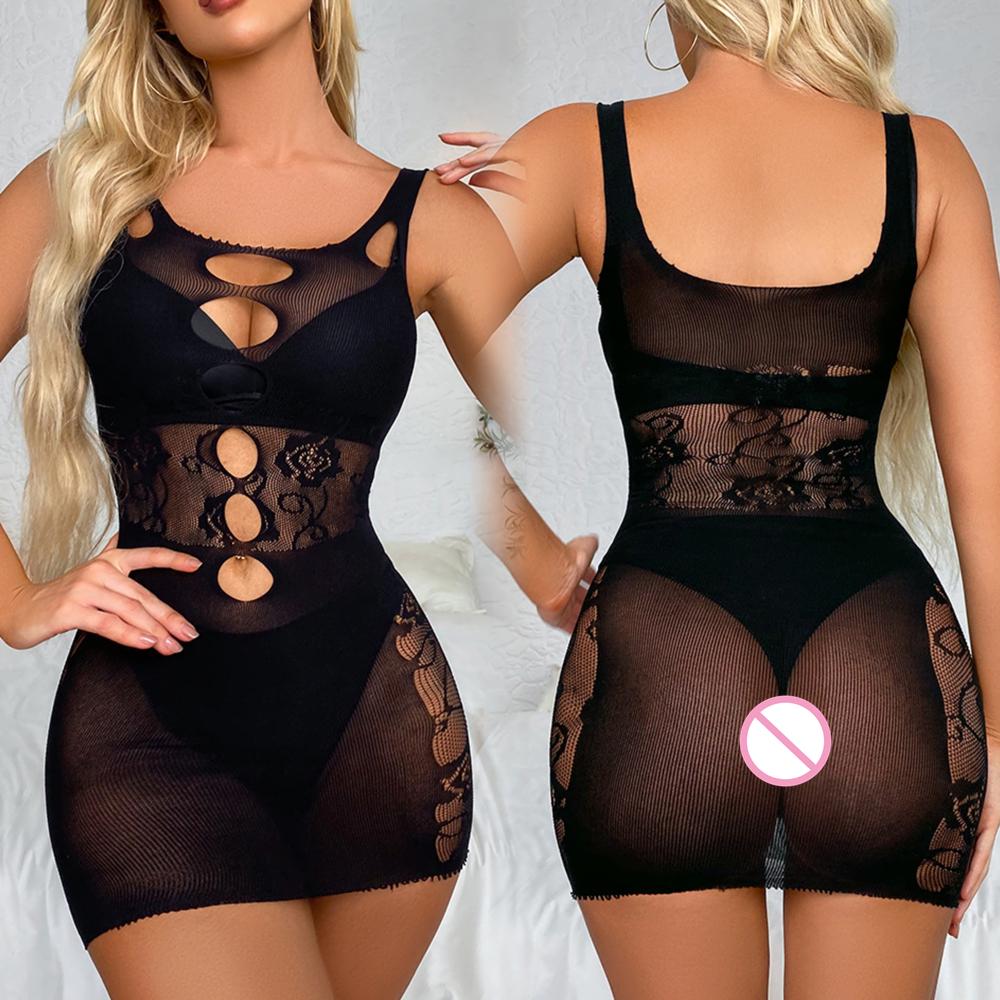 Perspective Seductive Tight Lingerie Clothes Ladies Erotic Mesh Hollow See Through Short Dress Girl Fashion Fishing Net Skirt