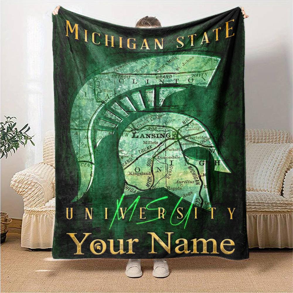 Name Custom Michigan State Spartans Print Flannel Blanket High Quality Warm Comfortable Cover for All Seasons Perfect for Gifts Home Decor