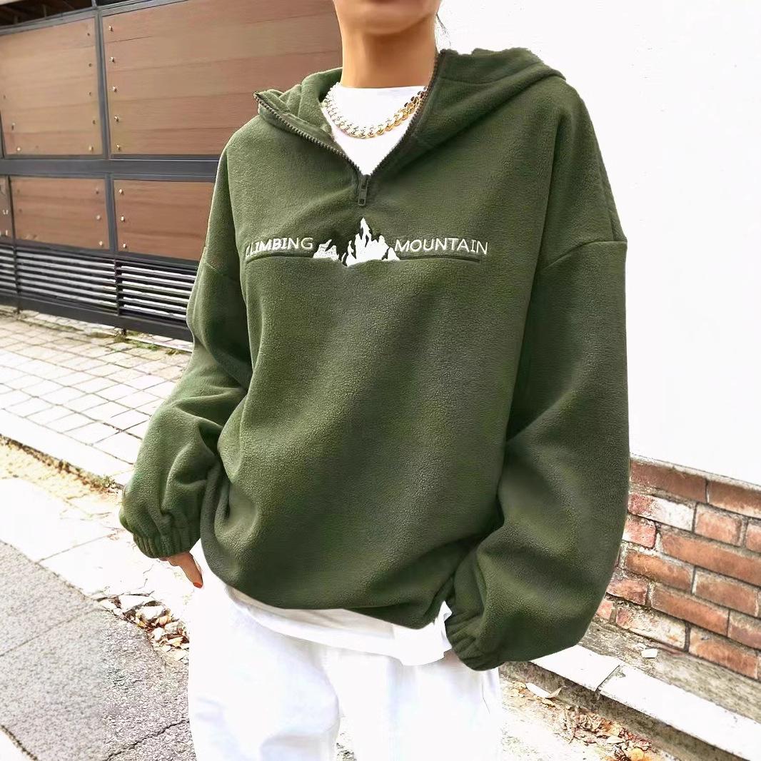 

QICED Осенне-зимняя женская флисовая толстовка с капюшоном на молнии, вышитая флисовая толстовка с капюшоном S зелёный