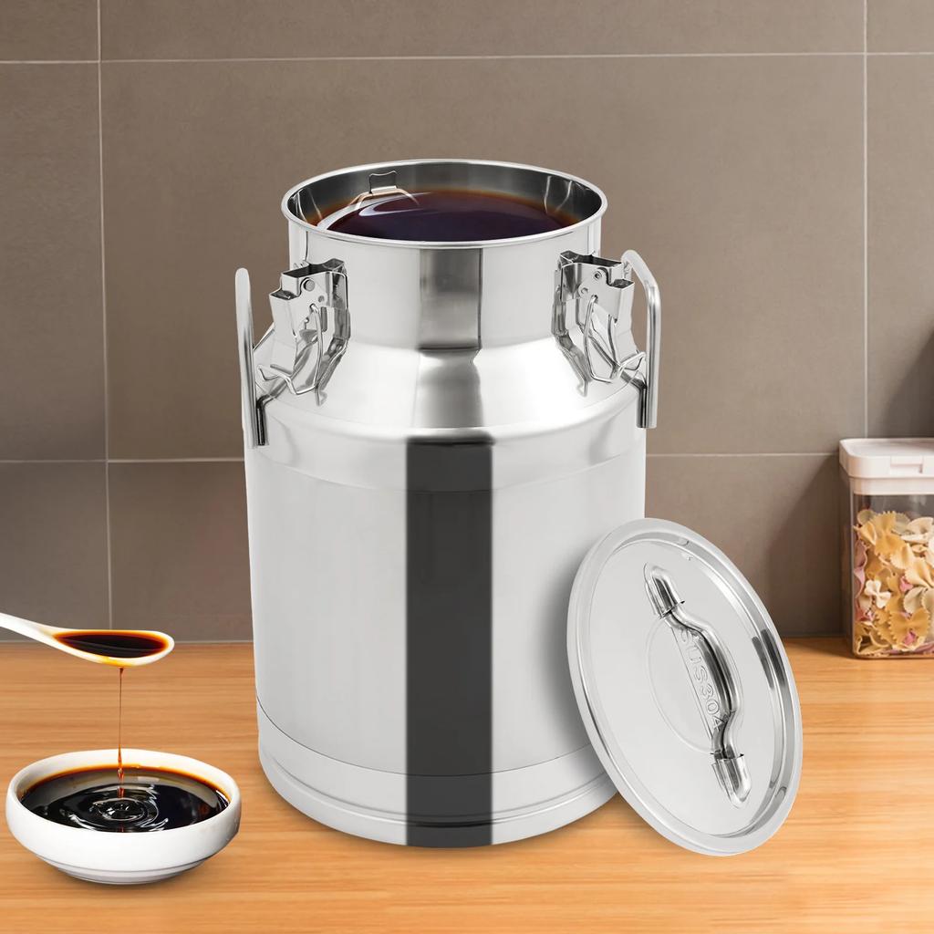 28L 304 Stainless Steel Sealed Storage Container, Milk Jug Brewing Can W/ Locking Lid & Handles, Airtight Dry Food Grain Bin