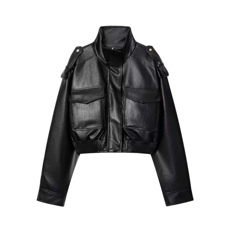 Kaslead New Women clothes Western Style Fashion Turtleneck Imitation Leather Bomber jacket Outerwear 6318250