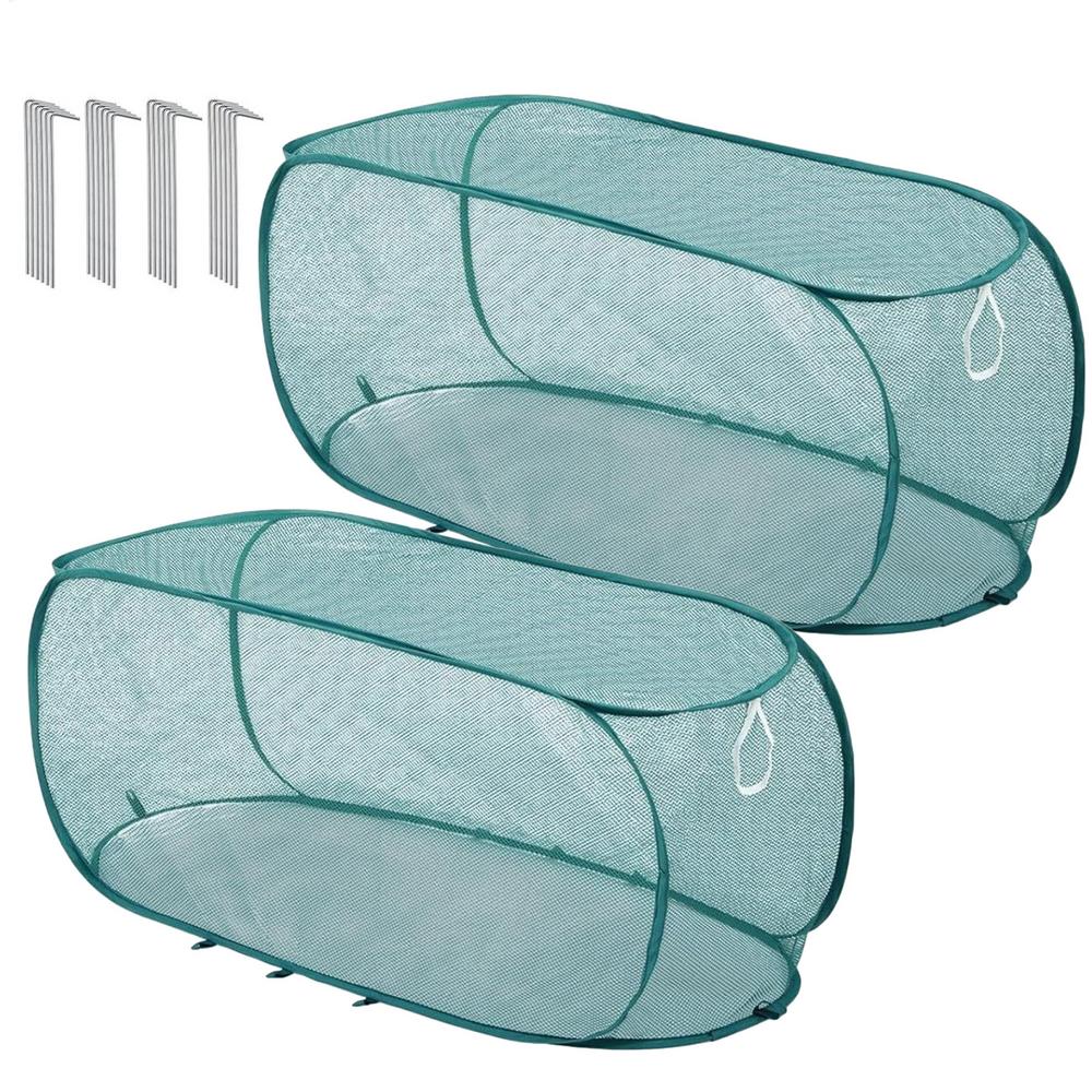 2Pcs Foldable Plant Protection Netting Raised Bed Nylon Pop-Up Plant Covers with Ground Stakes Mesh Plant Cage Garden Greenhouse