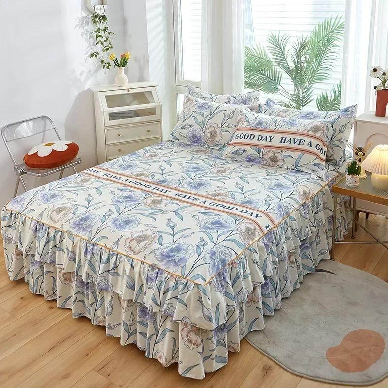 1PC Bed Skirt Cartoon Style Bed Cover Ruffled Bedsheet Falda De Cama Quilted Mattress Covers Lace Bedspread (No Pillowcase)