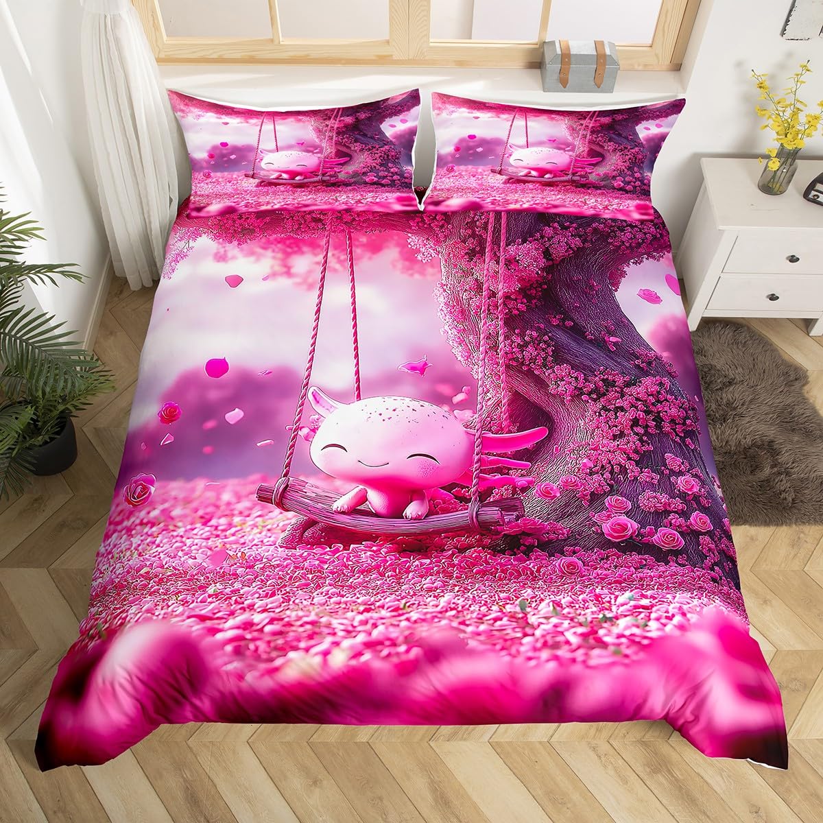 

Cute Axolotl Duvet Cover,Botanical Leaf Bedding Set,Sea Animal Comforter Cover For Boys Girls Cartoon Salamander Bedspread Cover EU Single(135x200cm)