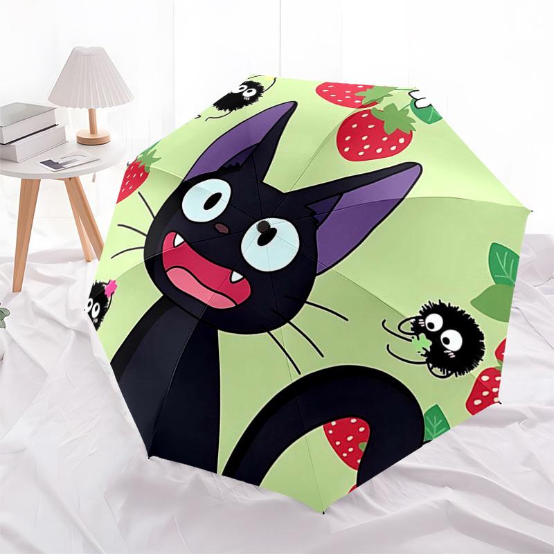 

1pc Jiji Cat & Strawberries: Automatic Opening Closing Umbrella with Portable Tri-Fold Design, 8-Bone Iron Frame, Perfect Outdoor for Fans, Travelers,